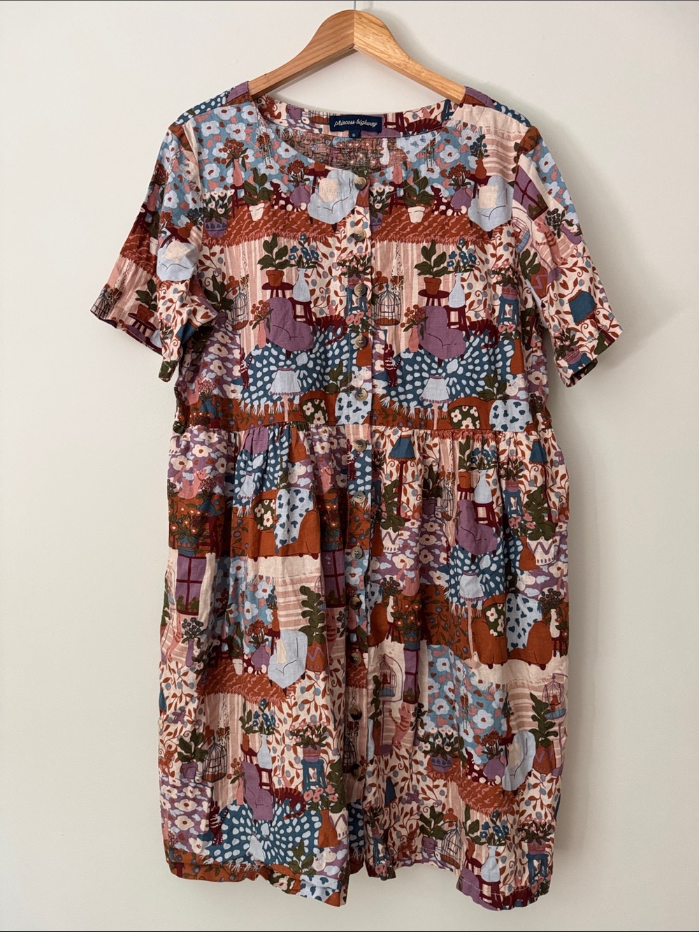 Princess Highway Linen/Cotton Button Up Midi Dress in Rust, Mauve & Blue